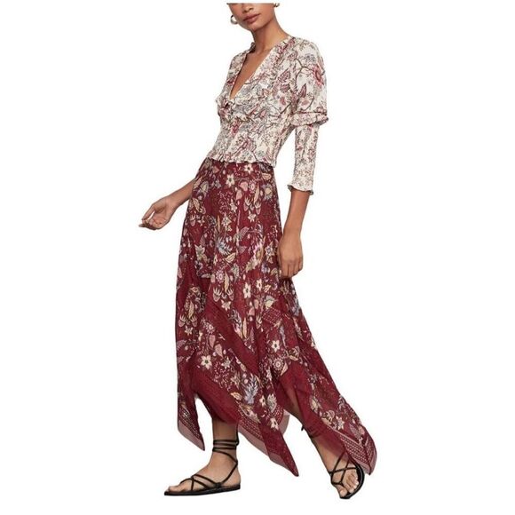 BCBGMAXAZRIA Floral Handkerchief-Hem Skirt Deep Red Size S - Picture 12 of 12